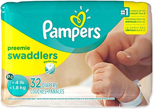 Pampers Swaddlers Preemie Size XS (P-2) Up to 4 lbs – 32 Diaper Count (Pack of 1)