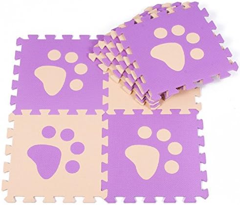 10PCS Soft Kid's EVA Foam Puzzle Play Mat / Beige and Purple Footprint Interlocking Tiles Floor Mat with Number 30cmX30cm 12"X12" 3/8"Thick