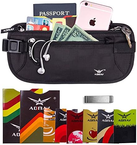 MAY RFID Money Belt for Travel wallet with 6 x Credit Card Protector and 2 x Passport pouch holder Waterpoof Secure RFID-blocker waist pack stash for women men running and out door activity. (BLACK)