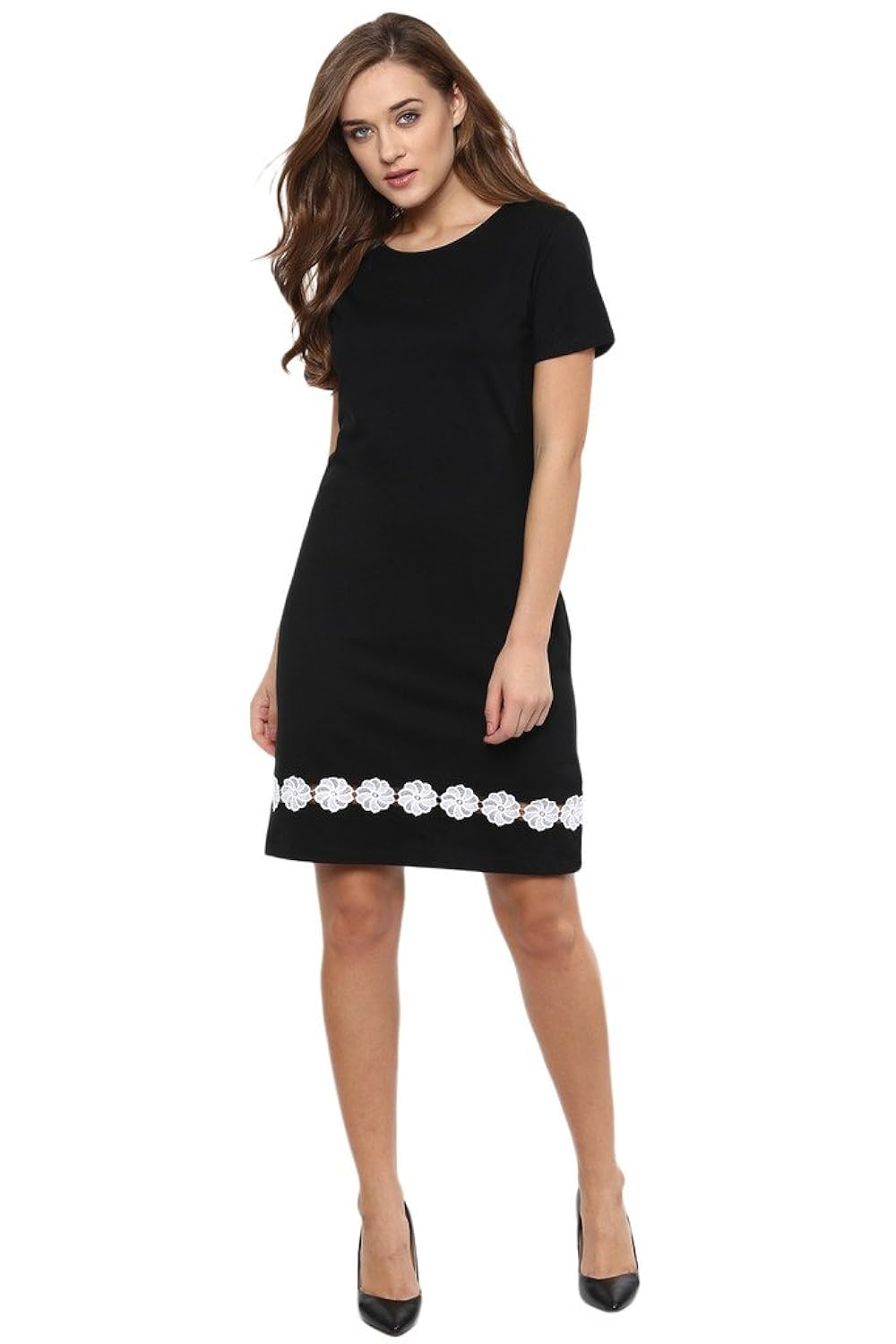 miss chase women's black solid half-sleeve round neck mini shift dresses