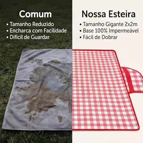 Tapete Piquenique Impermeável Dobrável, Grande 200x200cm, com Alça, Toalha para Picnic, Parque, Praias, Passeios ao Ar Livre, a Prova de Água, Fácil de Carregar (Vermelho)