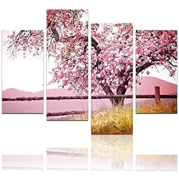 LevvArts Plum Tree Blossom Art,Spring Flowers Canvas Print for Home Wall Decor,Framed,4 Panels Cherry Blossom Wall Art, 48