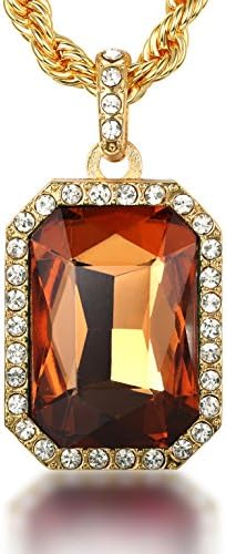 Halukakah "RUBY KINGDOM" Men's 18k Real Gold Plated Brown Gemstone Pendant Necklace,with FREE Rope Chain 30" Thick 5mm