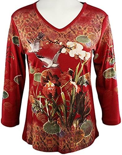 Cactus Fashion - Orchids &amp; Cranes, 3/4 Sleeve, V-Neck Cotton Print Rhinestone Top