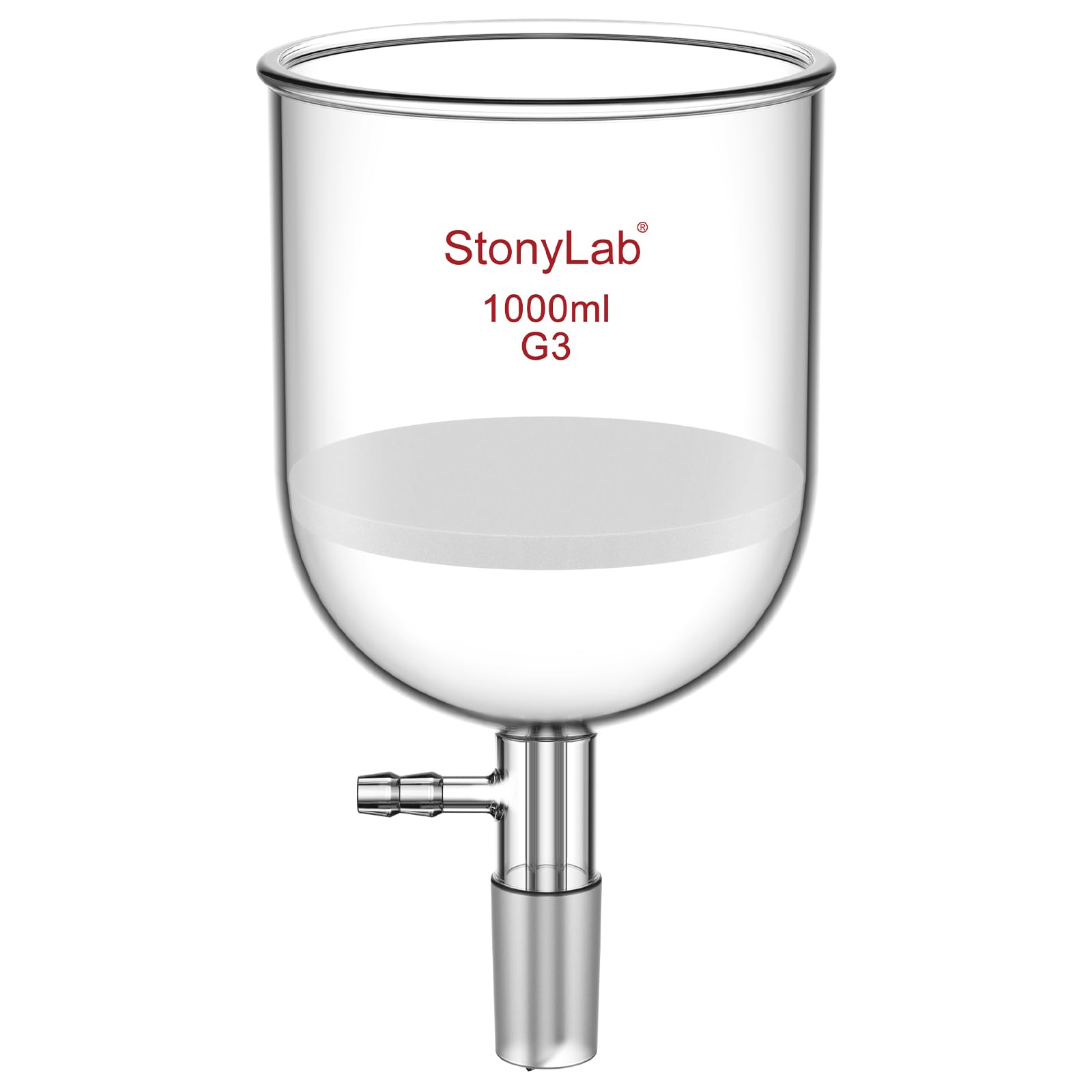 StonyLab Borosilicate Glass Buchner Filtering Funnel with Fine Frit(G3), 113mm Inner-Diameter, 110mm Depth, with 24/40 Standard Taper Inner Joint and Vacuum Serrated Tubulation (1000ml)