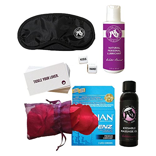 Love On The Go Up All Night Intimacy Set Featuring Sexy Cards and Dice Game, Pack of 6 Premium Condoms, Natural Water Based Personal Lubricant, Silk Rose Petals, Natural Massage Oil and Blindfold