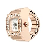 SODIAL(R) Square Dial Glitter Crystal Decor Elastic Band Finger Ring Watch Copper Tone for Lady