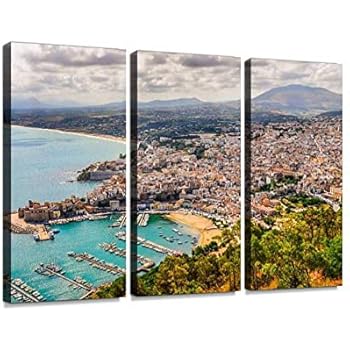 Scenic View of Trapani Town and Harbor in Sicily Print On Canvas Wall Artwork Modern Photography Home Decor Unique Pattern Stretched and Framed 3 Piece