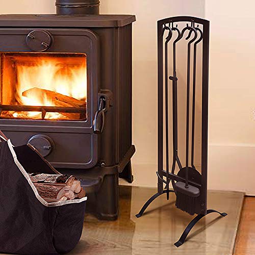 Babylon Fireplace Tool Set 5 Piece Tools with Tongs,Poker,Shovel,Broom and Stand for Indoor Fireplace Stove/Outdoor Firepit,Wrought Iron, Black