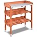 Giantex Garden Potting Bench, Outdoor Wood Workstation Table with Galvanized Steel Tabletop, 5 Hooks, 2-Tier Storage Shelves, Outside Work Station Potting Table with Raised Edge, Easy Assembly