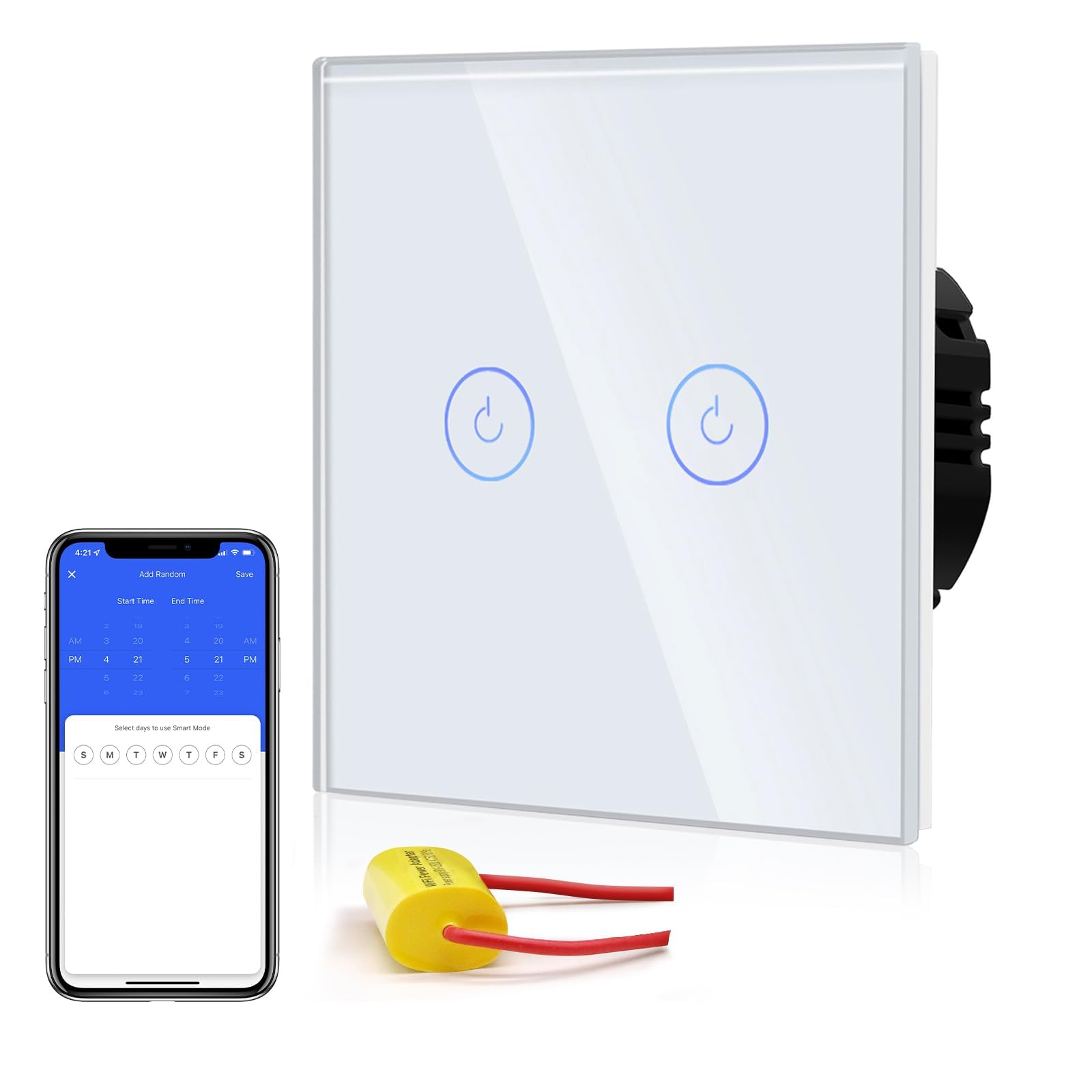 BSEED Smart Light Switch,Wifi Touch Wall Switches With Glass Panel,LED Lights,Work with Alexa/Smart Life App Control,Without Neutral Wire,2 Gang 1 Way,86mm White