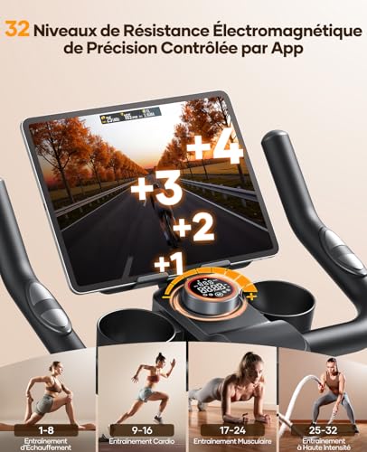 TOPUTURE Exercise Bike, Quiet Exercise Bike with 32 Levels Electric Magnetic Resistance, Premium Touch Screen with App and Heart Sensor, Dumbbell Support, Capacity 150kg