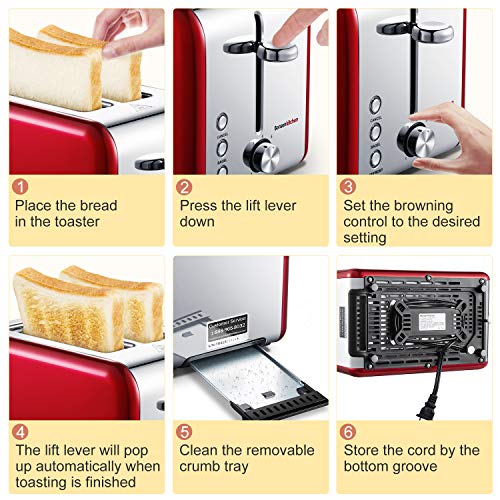 Bonsenkitchen 2 Slice Red Toaster, Extra Wide Slot 5.5''*1.4'' for