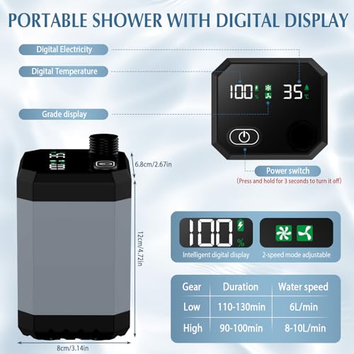 Ducha Portatil Camping, 6000mAh Ducha de Camping con Batería Recargable, Ducha Portatil Furgoneta Camper con Pantalla LED Inteligente 3 Modos de Ducha Resistente al Agua IPX7, Al Aire Libre,Automóvil