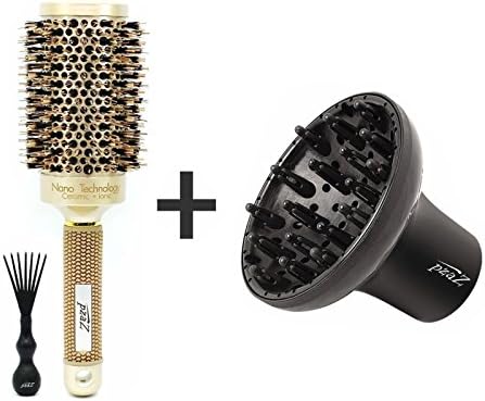 Round Hair Brush by pzaZ + BONUS Brush Cleaner + Universal Diffuser | Blow Dryer Attachment | Straighten, Curl, Add Volume.