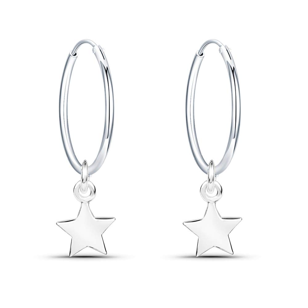 Fu You 925 Sterling Silver Earrings Dangling Star Hoops 14mm Star Hoop Earrings for Women and Girls