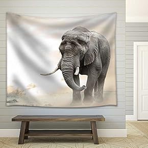 African Elephant Male Walking Alone in Desert at Sunset - Fabric Wall Tapestry Home Decor - 51x60 inches