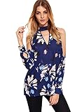 Floerns Women's Cold Shoulder Long Sleeve Choker Top Blouse Blue M
