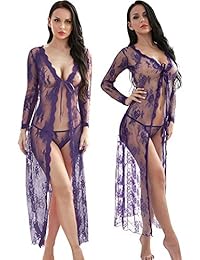 Lencería de encaje para mujer Kimono Robe Long Gown Mesh Chemise