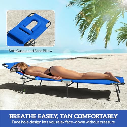 Outsunny Folding Outdoor Lounge Chair Set of 2, Adjustable Patio Chaise Lounge with Face Hole, Reclining Tanning Chair, Folding Camping Beach Lounging Bed w/Head Support, Blue