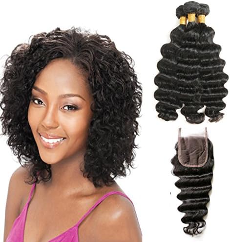 ALIMICE Brazilian Loose Deep Wave Bundles Virgin Remy Human Hair Weave 8a Unprocessed Loose Deep Wave Hair Bundles Natural Color Can Be Dyed Thick (10 12 12+10 closure)