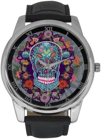 Sugar Skull Men's Stainless Steel Leather Strap Waterproof Band Wrist Watch for Dia De Los Muertos Collectors - Black