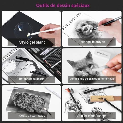 Lot de 46 crayons à dessin pour croquis, crayons à dessin, fournitures d'art avec crayons à charbon de couleurs, graphite, charbon, outils de mélange, accessoires, kit de dessin pour