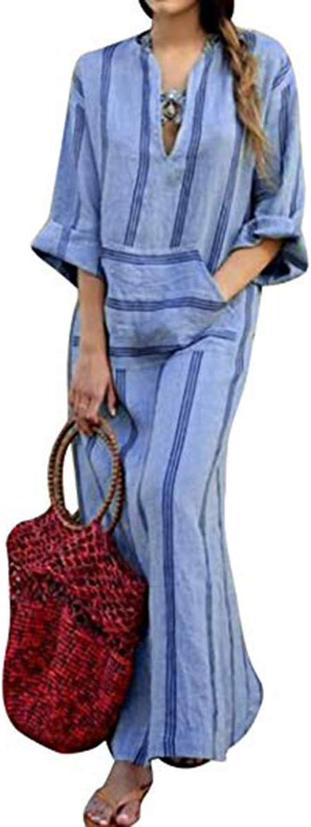 oboss Women's Batwing Sleeve Baggy Striped Casual Loose Kaftan Plus Size Long Maxi Dress