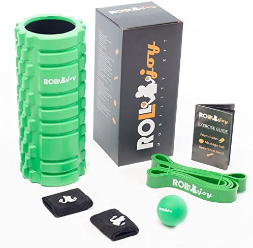 RollJoy Complete Mobility Kit – Stylish, Durable and Easy to Use 3 in 1 Workout Kit – Contains Foam Roller, Resistance Band, Massage Ball and Travel Carry Bag
