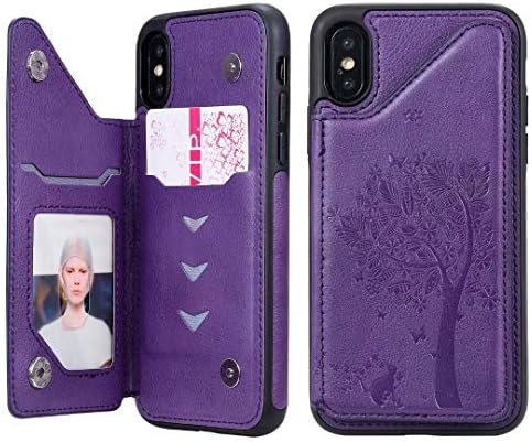 Cmeka Wallet Case for iPhone Xs with Card Holder Embossed Cat Tree Premium PU Leather Kickstand Double Magnetic Clasp Durable Shockproof Cover Purple