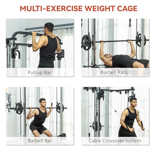 Soozier 3 in 1 Smith Machine, Multi-Functional Power Cage with Cable Crossover System, Pull up Station, 16-Level Squat Rack and Barbell Bar, Home Gym Machine
