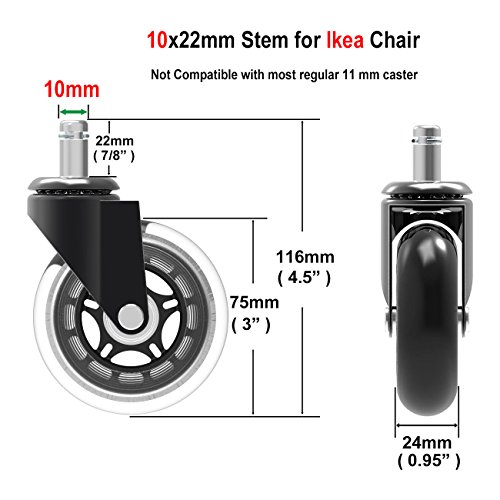 MySit 5x Replacement Casters for IKEA Office Chairs, 3" Heavy Duty