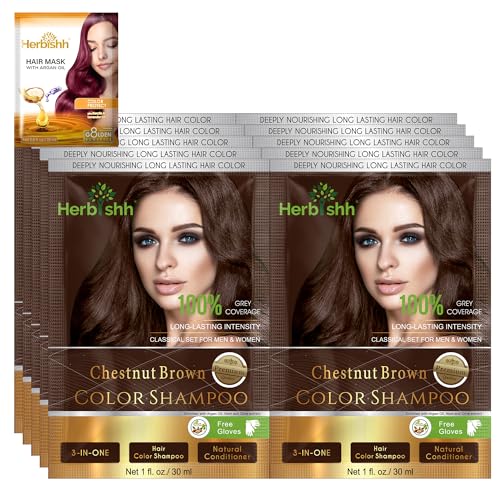 Herbishh Hair Color Shampoo For Gray Hair–Natural Hair Dye Shampoo With Argan Hair Mask–Travel Size-Colors Hair In Minutes–Long Lasting Colour–10Pack+1Pack–Ammonia-Free (Chestnut Brown)