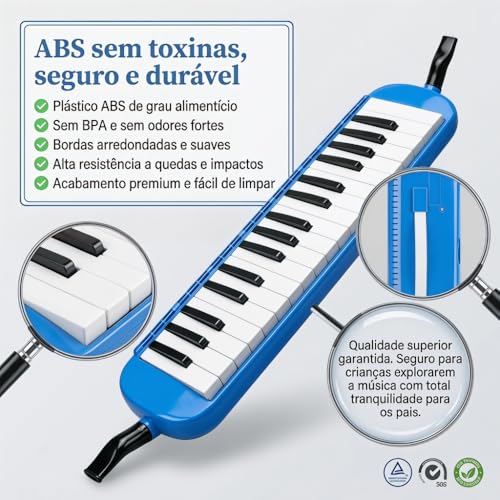 VEDO Escaleta 37 Teclas Infantil, com Bocal Duplo e Bolsa, Teclado De Piano de Ar, Instrumento Musical, Instrumentos Musicais de Brinquedo, Adequado Para Crianças e Adultos, Presente Perfeito, Azul
