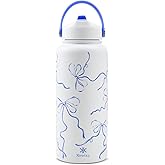 KEWIXY 32 oz Insulated Water Bottle with Straw, Bow Water Bottle Stainless Steel with Flip Straw and Handle, Leak Proof, Metal, Reusable, Wide Mouth, for Travel, Gym and School (Breeze Blue Bow)