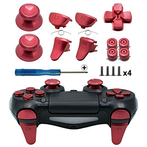 TOMSIN Metal Buttons for PS4 Slim/ PS4 Pro Controller, Aluminum Metal Thumbsticks Analog Grip & Bullet Buttons & D-pad & L1 R1 L2 R2 Trigger for PS4 Controller Gen 2 (Mental Red)