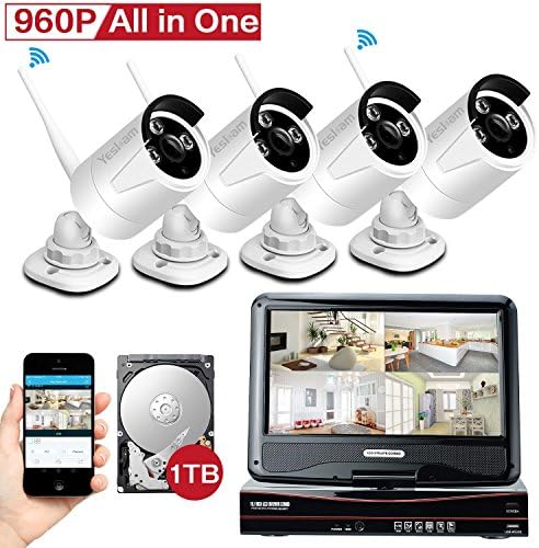 [All in One KIT] YESKAM Wireless Security Camera Systems 4CH 10inch Monitor Auto Pair 4 x HD 960P 1.3M CCTV Cameras Pre-install 1TB HDD For Home Video Surveillance Day and Night Vision 100FT
