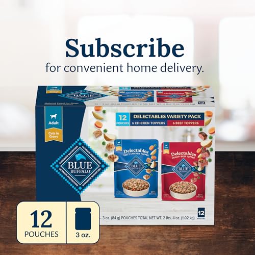 BLUE BUFFALO DELECTABLES NATURAL WET DOG FOOD TOPPERS VARIETY PACK, TASTY CHICKEN & HEARTY BEEF, CUTS IN GRAVY, 3-OZ. (12 POUCHES, 6 OF EACH FLAVOR)