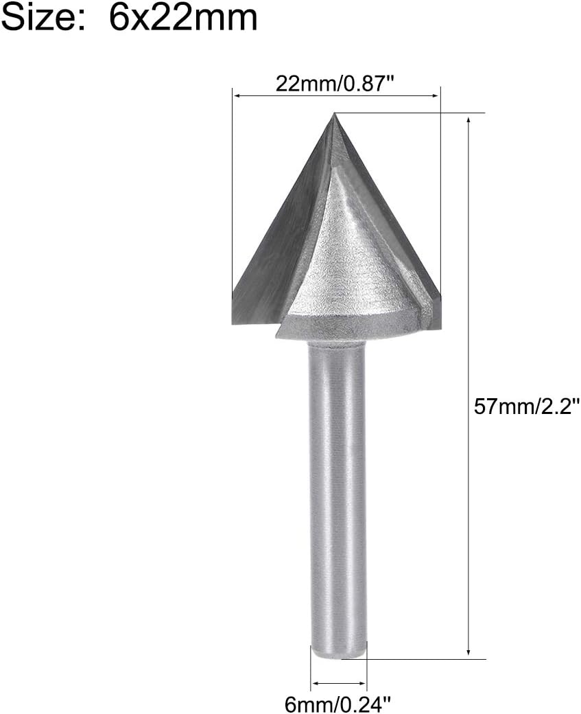 sourcing map 60 Degree V-Groove Router Bit 22mm Dia with 6mm Shank, Titanium Steel Tipped V Grooving Bit (Gray) - Image 3