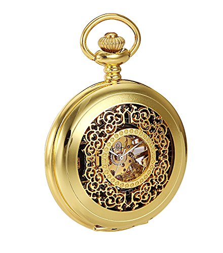 Carrie Hughes Golden Steampunk Skeleton Mechanical Pocket Watch with Chain Gift(Gold)