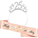 Yijunmca Sweet 25 Tiara and Sash Set Birthday Gifts for Women Princess Birthday Headband Rhinestone Tiara Crown Kit Happy 25th Birthday Sash Birthday Party Decoration, Silver Tiara/Rose Gold Sash