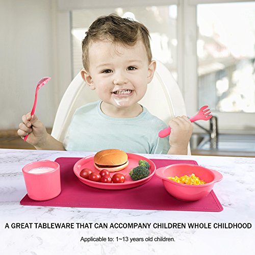 Silicone Children Tableware Set of 5, Yehua Baby, Kids, Toddler Dinnerware Set - Spoon, Fork, Cup, Plate, Bowl - FDA/BPA Free Appoved, Unbreakable, Best Gifts With Child 1-13 Years Old - Rose - Thumbnail 3