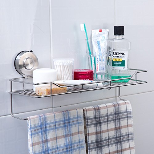 KES A6221 Bathroom Rectangular Double Tier Shelf with towel bar Suction Cup, Brushed Stainless Steel