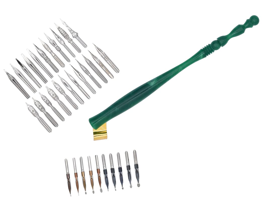 Gullor Oblique Calligraphy Dip Pen Nib Holder, Removable Nib Pen Handle Stand with 33 Nibs, Green