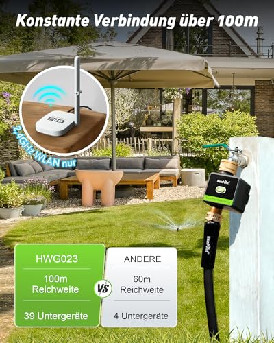 RAINPOINT Irrigation Computer WiFi, Smart WiFi Irrigation Control with Brass Inlet and Outlet & 100 m Gateway, Weather/Soil-Based Automatic Watering for Garden & Lawn, Black