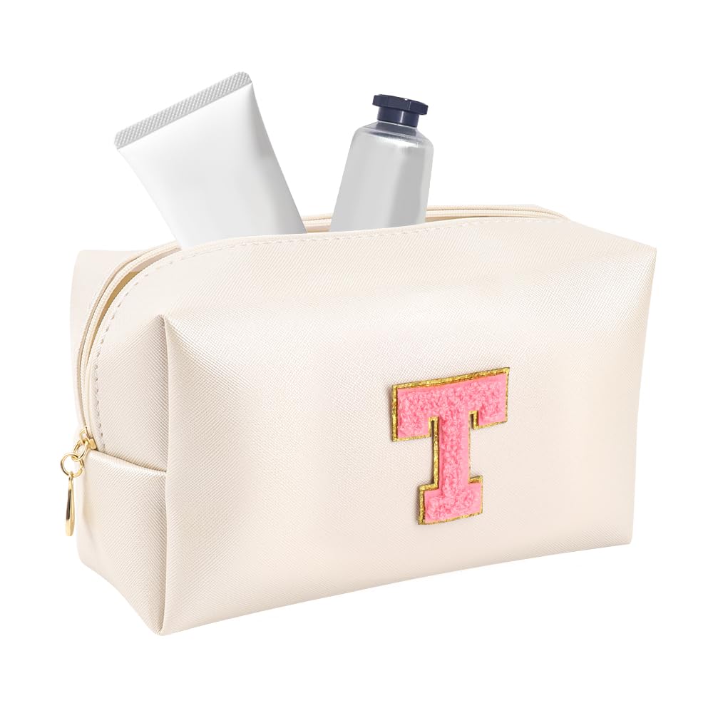 Preppy Large Makeup Bag-Customized Initial PU Leather Travel Cosmetic Bag,Ideal for Storing Makeup,Toiletries,and More,Gift for Women,Girlfriends,and Girls（Pearly White-Pink, T）