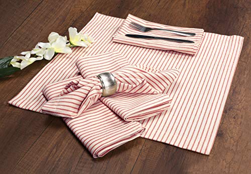 Native Fab Set of 12 Farmhouse Stripe Cloth Dinner Napkins Cotton 18x18 Absorbent Soft Restaurant Hotel Quality, Everyday Use Easy Care Washable Wedding Dinner Napkins Red Beige