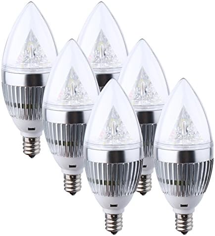 BOVSUN LED Candelabra Bulb, Candle Light,Daylight White 6000K,280lm,E12 Base,3W (25W Incandescent Equivalent),Torpedo Shape Bulb,Chandelier,Interior Decoration Lighting, Not-Dimmable,Sliver 6 Pack