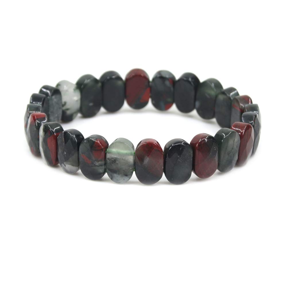 CHENYUE Natural African Bloodstone Gemstone 14mm Faceted Oval Beads Stretch Bracelet 7.5 Inch Unisex