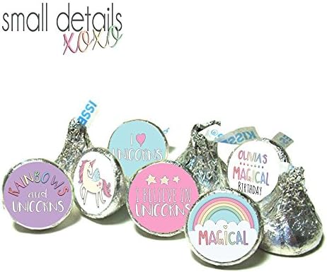 UNICORNS &amp; RAINBOWS Birthday Party kiss stickers ~ fits Hershey's Kisses Chocolate - Stickers Only - (108 peel &amp; stick stickers)